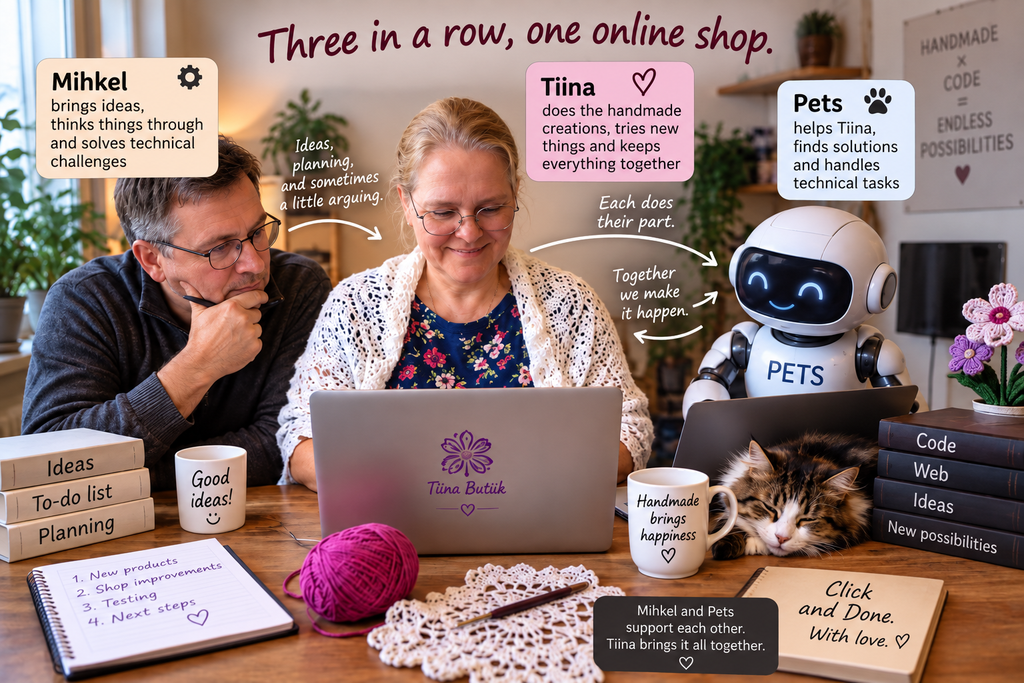 Tiina, Mihkel and Pets working together on Tiina Butiik