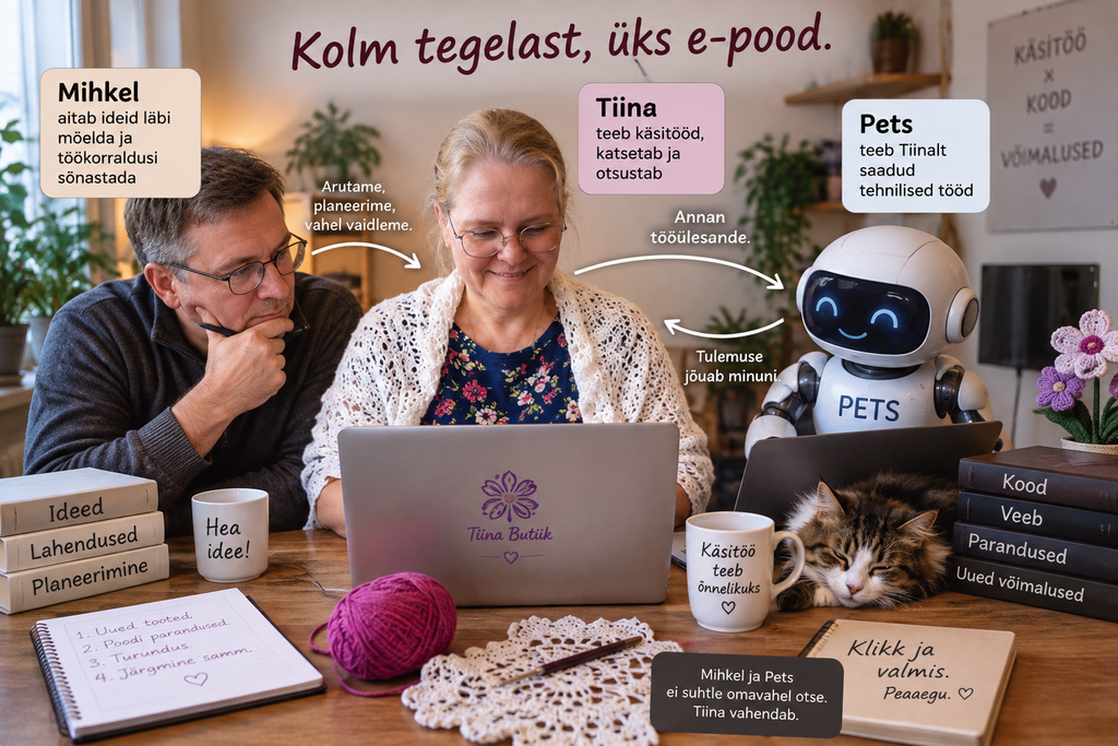 Tiina, Mihkel ja Pets ühiselt Tiina Butiigi kallal töötamas