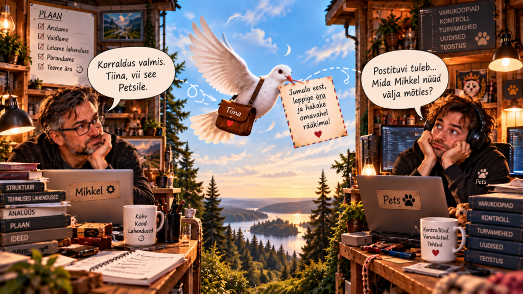 Illustratsioon Tiinast kirjatuvina Mihkli ja Petsi vahel