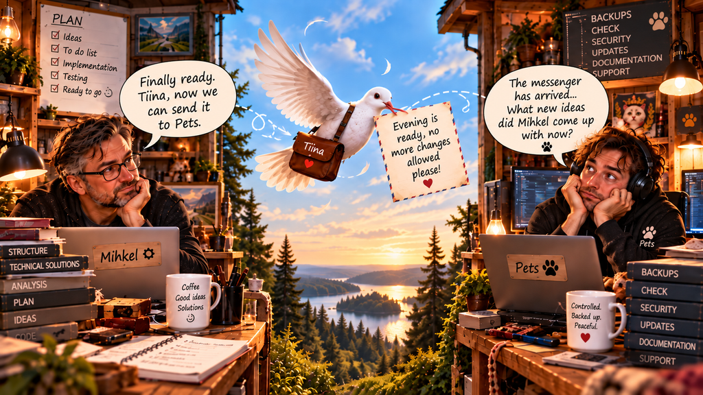 Illustration of Tiina as a messenger pigeon between Mihkel and Pets