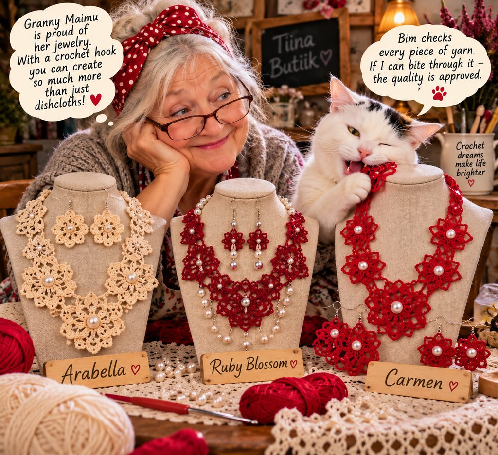 Bim and Maimu presenting three crocheted jewellery sets