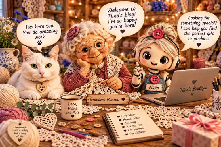 Bim the white cat, Granny Maimu crocheting and Nööp at her laptop in a cosy craft room, with English speech bubbles welcoming visitors and offering help finding gifts.